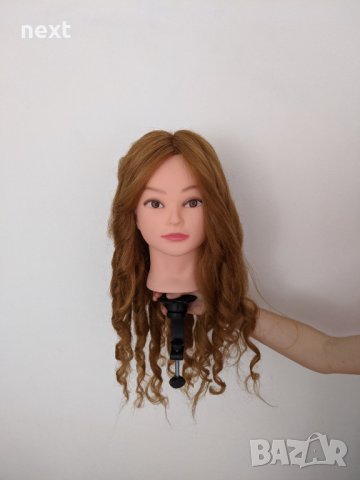 Фризьорска тренировъчна глава с ЕСТЕСТВЕНА коса 60см + стойка, снимка 6 - Фризьорски принадлежности - 25232383
