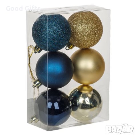 6 броя Комплект Коледни топки, Златни и Сини, 6см