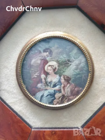 4бр малки кръгли картини/барокови миниатюри/картина в октагонална дървена рамка с интарзия 18см, снимка 8 - Картини - 50318736