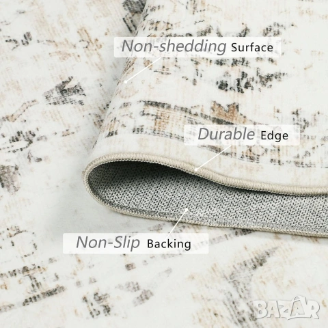 Голям килим Homcomodar 200x300см, Бежов, Перящ се, Винтидж дизайн, снимка 4 - Килими - 53238054