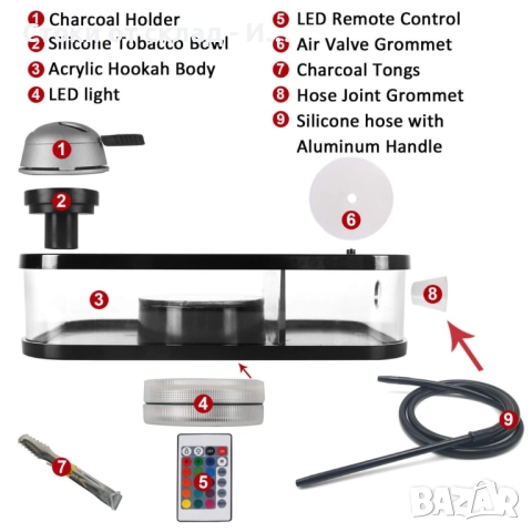 Наргиле Акрилен уред с дистанционно управление LED кутия, снимка 6 - Наргилета - 52233310