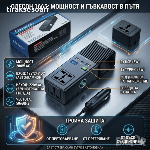 Инвертор 12V/24V към 220V 200W с USB и Type-C автомобилен преобразувател 1665, снимка 2 - Аксесоари и консумативи - 54360039