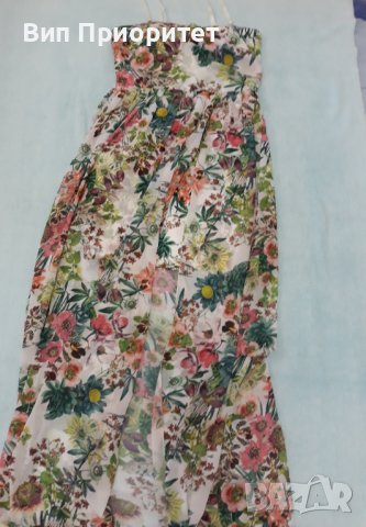 Дълга рокля копринена с къса непрозрачна предна част със същия пъстър принт, както коприната, снимка 9 - Рокли - 37338370