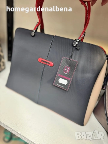 Дамска чанта тоут голяма тъмносива червени дръжки бежови панели работна