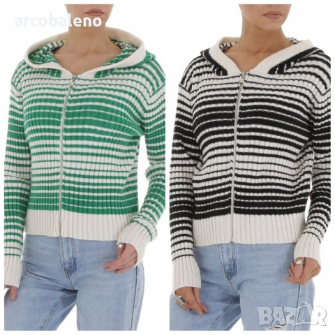 Дамска плетен суичър с качулка и цип, 2цвята 