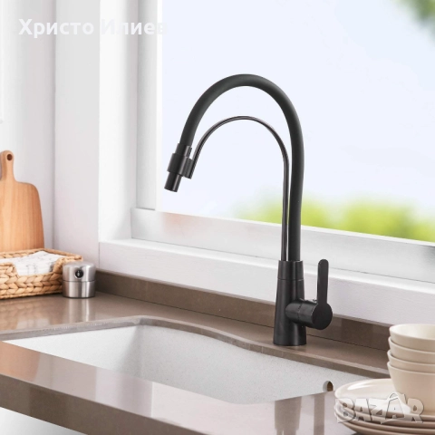 Луксозен модерен кухненски смесител Черен въртящ се на 360 чучур, снимка 4 - Смесители - 51988346