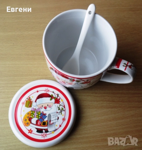 Коледна чаша с капаче и лъжичка от порцелан в коледна опаковка, снимка 3 - Чаши - 52500669