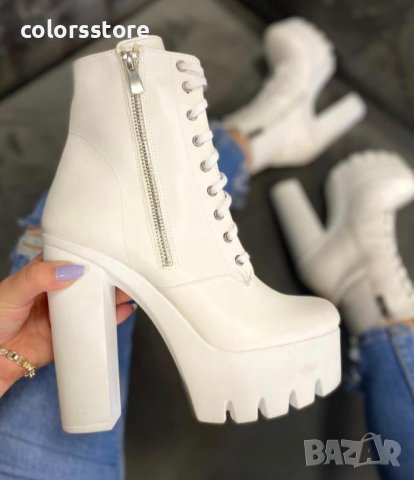 Боти на ток - бяла кожа с бяло ходило (бели връзки) - BT13