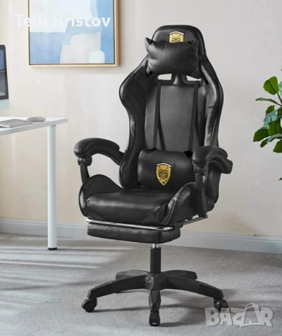 Геймърски стол с прибираща се подложка за крака и функция за масаж - черен, снимка 2 - Столове - 53239641