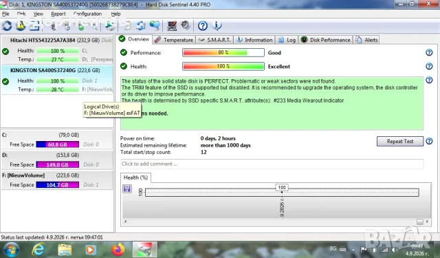 Хард диск за лаптоп 240 GB SSD Kingston - на 2 часа работа, снимка 3 - Твърди дискове - 55965429