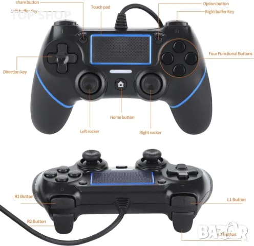 PS4 контролер, кабелен джойстик, геймпад със сензорен панел с двойна вибрация,зелена и синя линия, снимка 3 - Аксесоари - 48805004