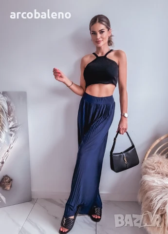 Тъмносини плисирани широки панталони, снимка 3 - Панталони - 51159321