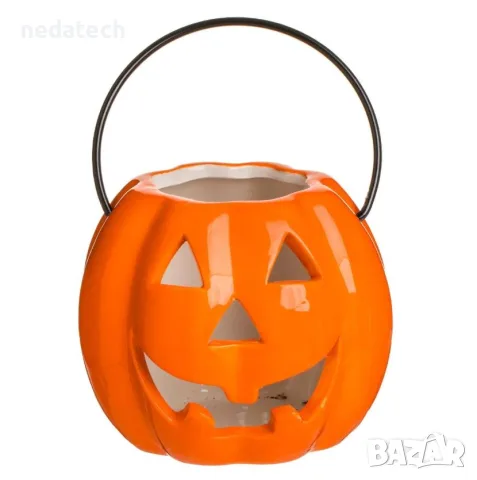 Хелоуин декоративна кошничка тиква от Polyresin „Trick or Treat“, Ø9.5x9.5см