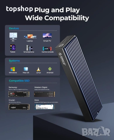Външна кутия за M.2 NVMe SSD ORICO – 10Gbps USB 3.1, Алуминиева, до 8TB, снимка 5 - Кабели и адаптери - 53225635