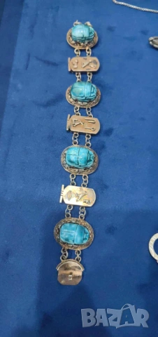 Антикварна сребърна гривна ,скарабей ,тюркоаз позлата 