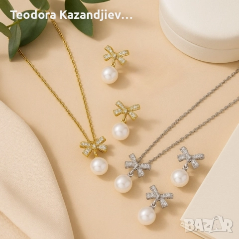 Комплект колие и обеци с перли и панделки