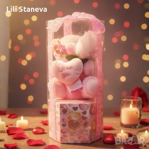 Подаръчен комплект с плюшено мече и надпис „Love you“ в прозрачна кутия. , снимка 3 - Декорация за дома - 53058379