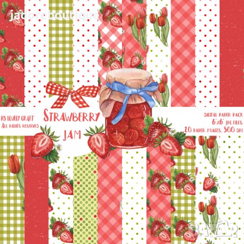Дигитална хартия дизайнерска скрапбук хартия Strawberry jam, снимка 1 - Други - 37662530