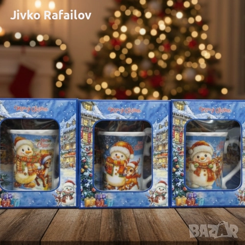 Празничен комплект за топли напитки – Керамична чаша и лъжичка в коледна опаковка, снимка 5 - Чаши - 52803282