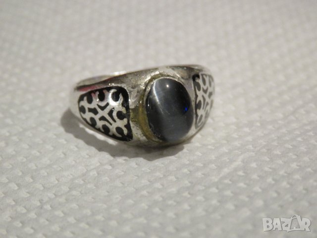 Стар красив мъжки сребърен пръстен с камък котешко око и ниело - прекрастна изработка за теб., снимка 2 - Пръстени - 31017471