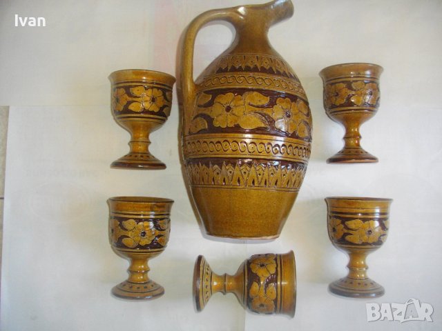 Нов Кипърски Глинен Сервиз За Вино-Ръчно Рисуван-Битов Интериор, снимка 6 - Сервизи - 39726655