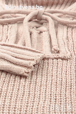 Дамски накъсан пуловер в бежово, с качулка и връзки, снимка 9 - Блузи с дълъг ръкав и пуловери - 44321117