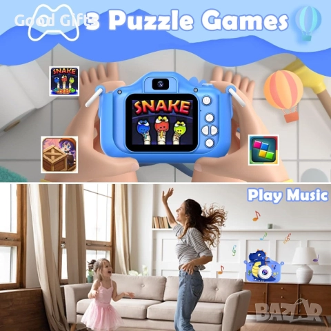 Детска дигитална камера с динозавър – Dual камера отпред и отзад, 1080P видео, 32GB карта, игри и ра, снимка 6 - Фотоапарати - 52937522