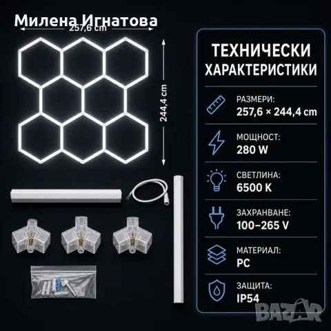 LED хексагонално осветление за гараж и работилница 280W, 6500K, 257.6×244.4 см, 35 LED панела, IP54, снимка 6 - Лед осветление - 55907534