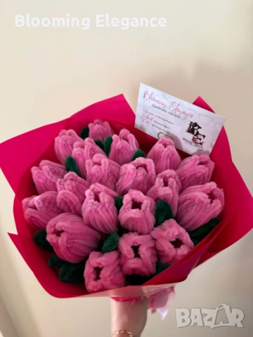 Вечен букет от 19 розови лалета от плюшена тел