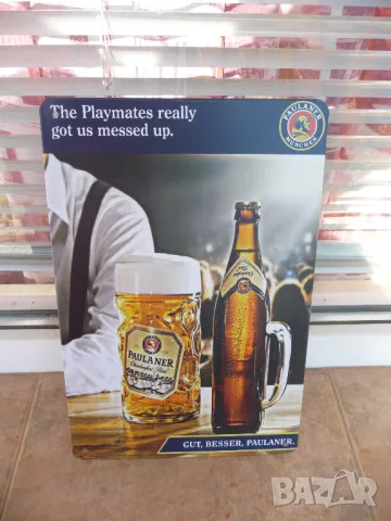 Метална табела бира Paulaner немска халба голяма бутилка бар