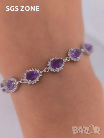 сребърна гривна с естествен аметист, снимка 2 - Гривни - 52696445