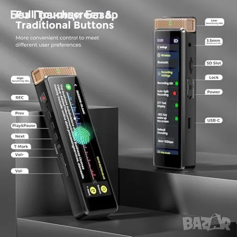 Нов 40GB дигитален диктофон AI транскрипция Bluetooth Гласов рекордер, снимка 5 - Други - 48337153