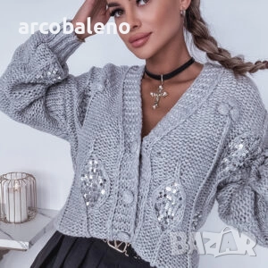 Дамски сив пуловер/жилетка с пайети , снимка 7 - Блузи с дълъг ръкав и пуловери - 51907792