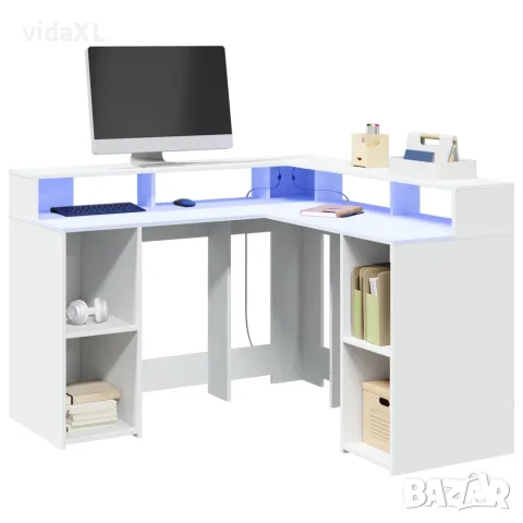 vidaXL Бюро с LED осветление, бяло, 130x130x91 см, инженерно дърво, снимка 2 - Бюра - 56147019