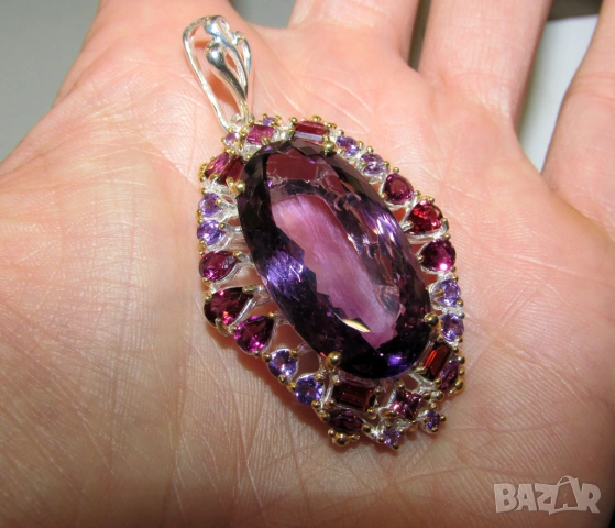925 сребърно колие с голям аметист 50 карата, снимка 4 - Колиета, медальони, синджири - 54053275