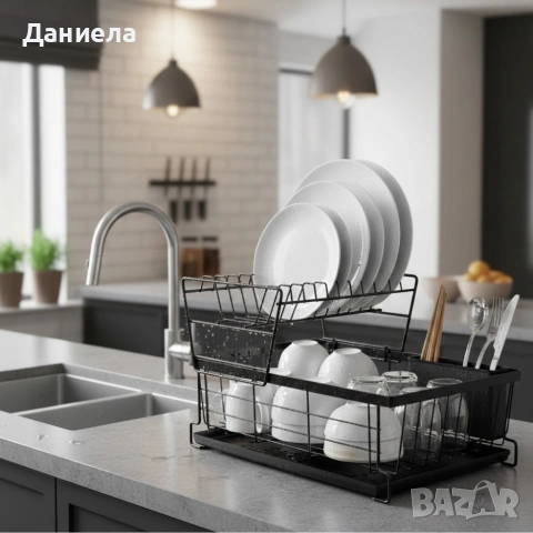 Двуетажен метален сушилник за съдове Cheffinger с отделение за прибори , снимка 2 - Други стоки за дома - 53180881