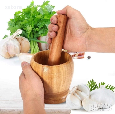 Бамбуково хаванче с чукало за чесън и подправки, 10х10 см / Външен размер 10х10 вътрешен отвор 6.5см, снимка 2 - Други стоки за дома - 52699634