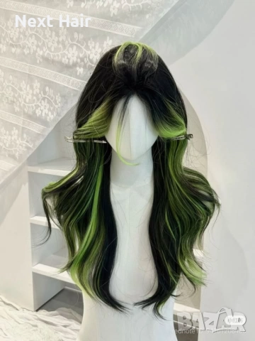 Синтетична черна чуплива перука с лимонено-жълто-зелени краища, снимка 5 - Аксесоари за коса - 52897709