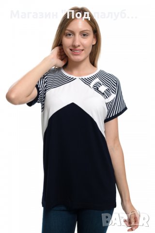 Дамска елегантна моряшка блуза с къс ръкав и панделка, снимка 1 - Тениски - 30313549