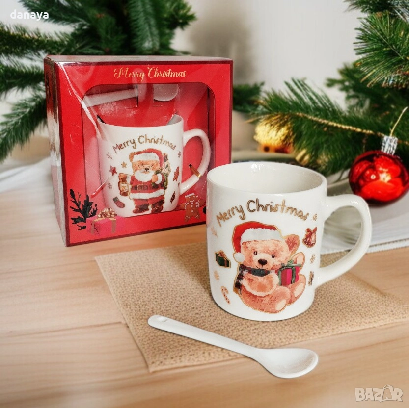 6239 Коледна чаша Merry Christmas с мече и лъжичка, 180мл, снимка 1