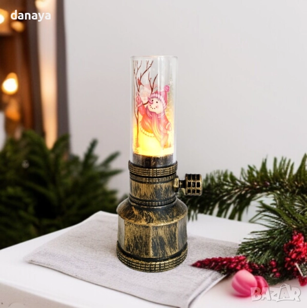 6226 Коледна ретро лампа светещ Led фенер с принт Дядо Коледа/Снежен човек, снимка 1