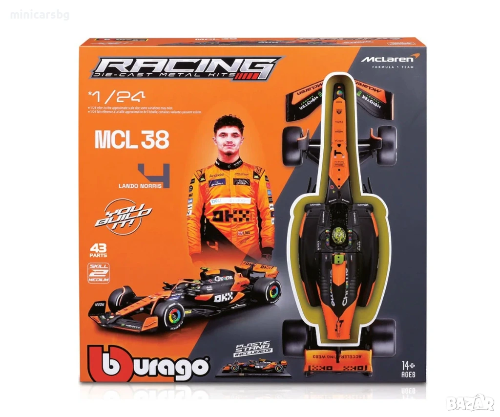 Bburago McLaren MCL38 #4 F1 Kit 1:24 – сглобяем модел болид, снимка 1