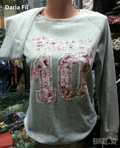 Сива блуза от плътно тънко ватирано трико с розова щампа, снимка 1