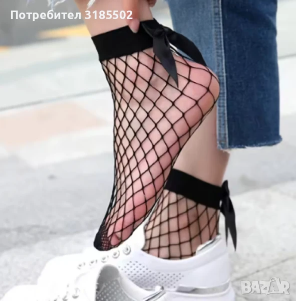 Къси чорапи от черна мрежа, с панделка, снимка 1