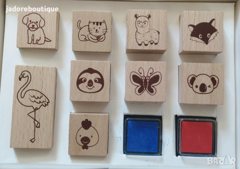 9 броя Дървени печати Животни + 2 броя мастилени тампони, снимка 1
