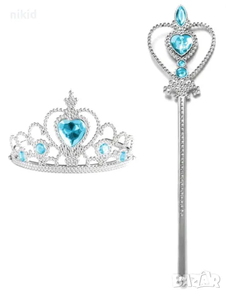 Сребриста пластмасова детска корона с камък сърце и Жезъл принцеса Елза Кралство София Рапунцел Белл, снимка 1