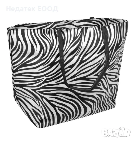 Плажна чанта с несесер, Черно-бяла, 59x40x22см.