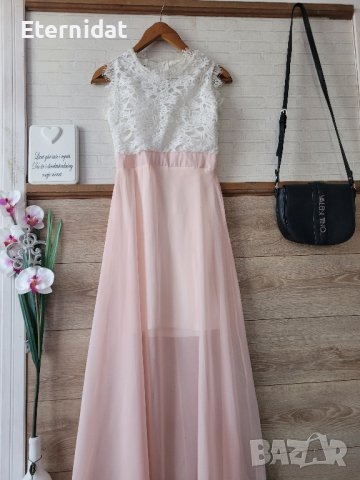 Официална дълга рокля в розово и бяло с дантела , снимка 4 - Рокли - 42840235
