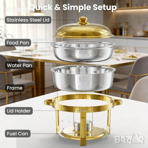 Комплект за бюфет WARMOUNTS 6L Gold Chafing Dish, 2 броя, кръгли затоплящи чинии с капак, снимка 8 - Сервизи - 54327891