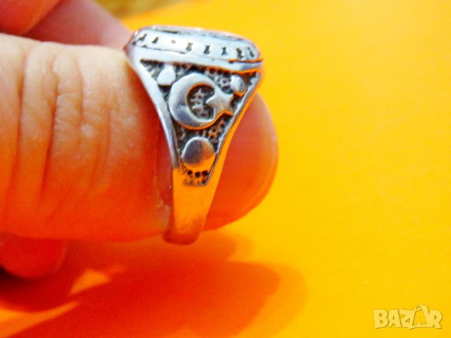 Уникално стар красив мъжки сребърен пръстен с тугра, тура полумесецът и звездата, турски сребро, снимка 2 - Пръстени - 38759062